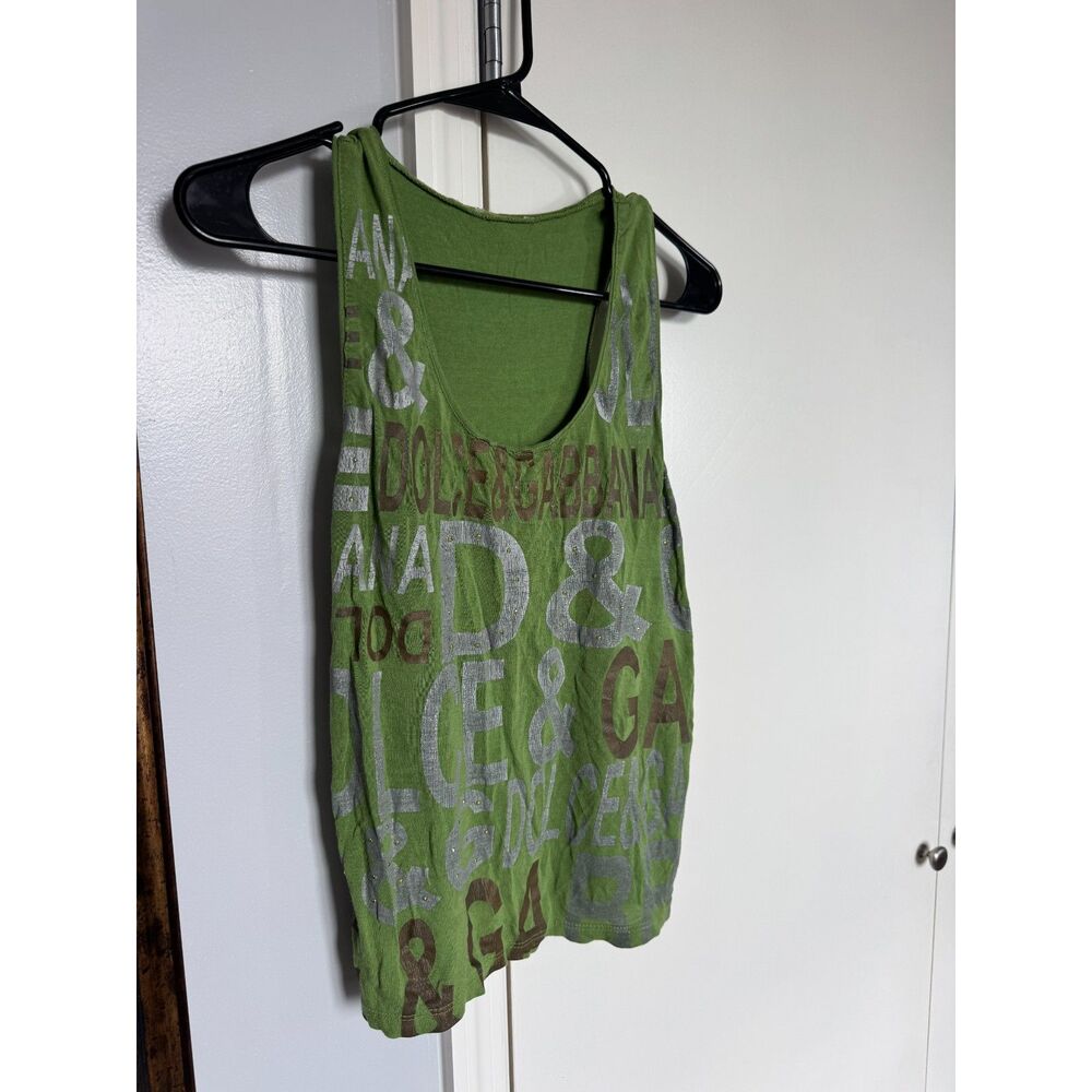 *Rare* Vintage Dolce and Gabbana Green Studded Logo 2000's Graphic Tank Top Sz S